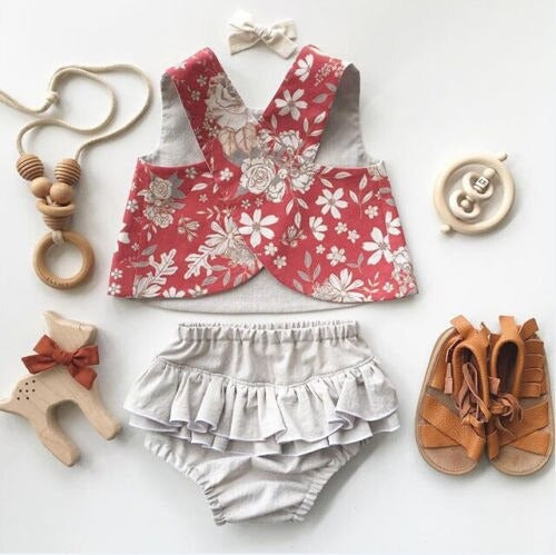 conjunto de verão bebê menina tapa fralda c/babados + cropped floral 3 6 9 12 18 meses floral estampado babado fofo festa passeio evento laço lacinho verão fresco fresquinho leve roupa criança infantil vermelho