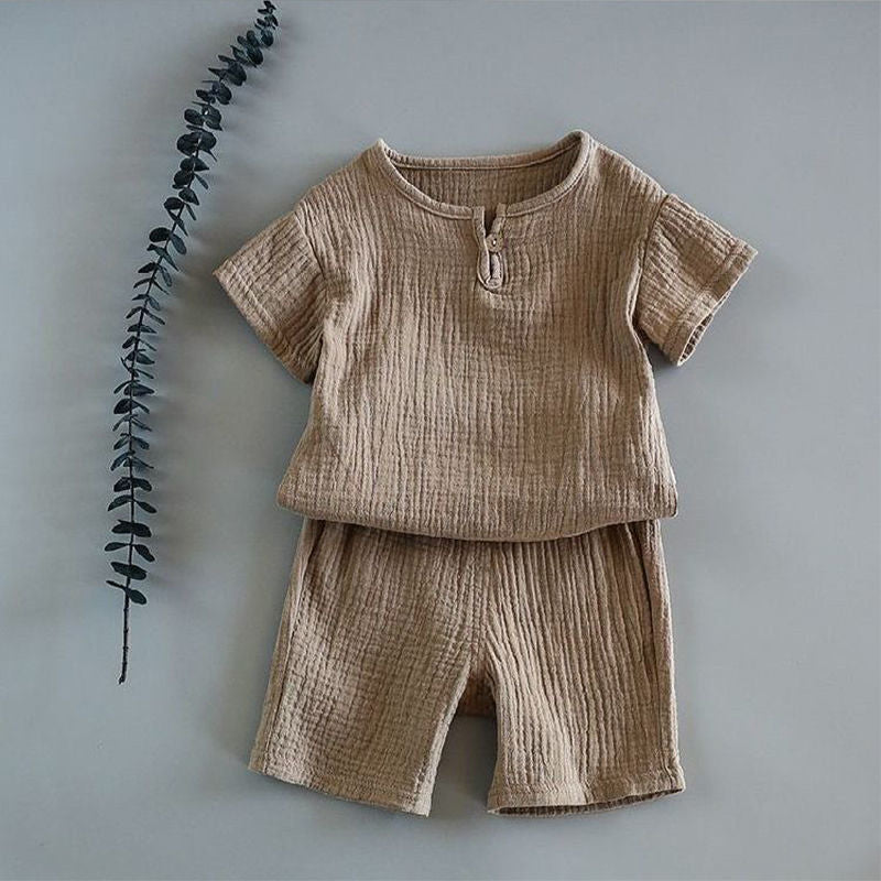 Conjunto Infantil Menino Camisa Manga Curta + Bermuda Liso Algodão, 9 Meses, 12 Meses, 18 Meses, 24 Meses, 3 Anos, 4 Anos, Marrom