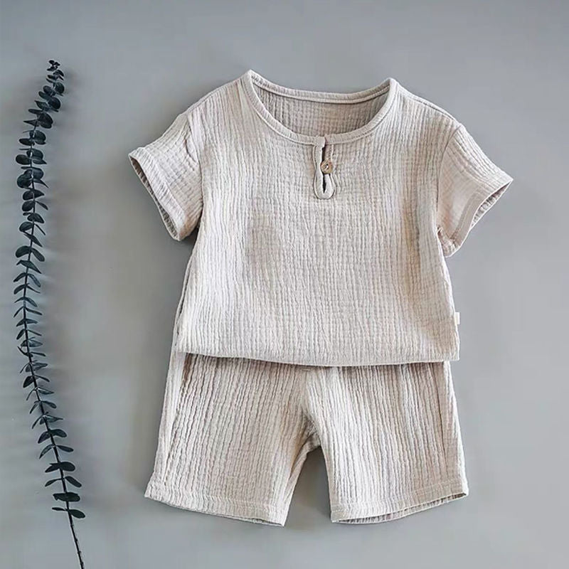 Conjunto Infantil Menino Camisa Manga Curta + Bermuda Liso Algodão, 9 Meses, 12 Meses, 18 Meses, 24 Meses, 3 Anos, 4 Anos, Creme