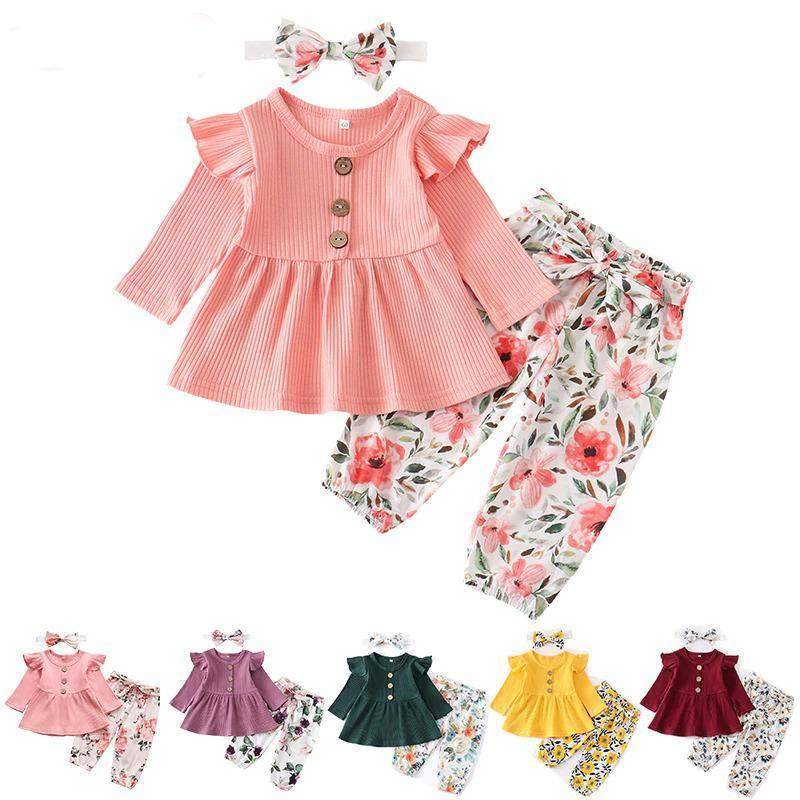 Conjunto Blusa Manga + Calça Floral +Laço Bebê Menina | 1-24 Meses-Internacional-bebe menina,conjunto,conjunto body calça,conjunto de inverno,menina