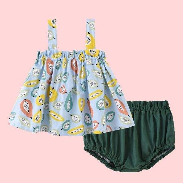 Conjunto Vestido com Tapa Fralda Floral e Frutinhas Bebê Menina Verão | 6-24 Meses-conjunto,Conjunto Menina Verão Alcinha,floral,flores,frutinha,menina