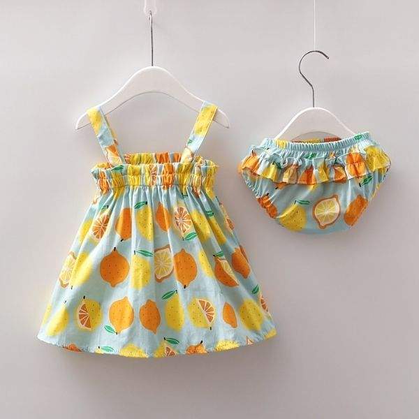 Conjunto Vestido com Tapa Fralda Floral e Frutinhas Bebê Menina Verão | 6-24 Meses-conjunto,Conjunto Menina Verão Alcinha,floral,flores,frutinha,menina
