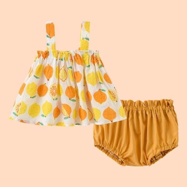 Conjunto Vestido com Tapa Fralda Floral e Frutinhas Bebê Menina Verão | 6-24 Meses-conjunto,Conjunto Menina Verão Alcinha,floral,flores,frutinha,menina