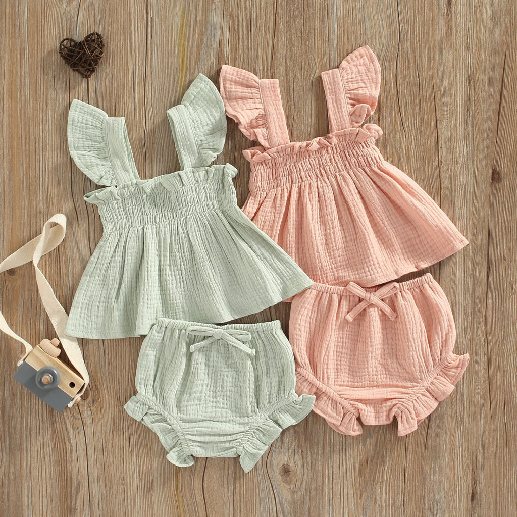 conjunto vestido + tapa fralda bebê menina algodão/linho 6 9 12 18 24 meses 3 anos babado amarração fofo passeio laço lacinho verão fresco fresquinho leve roupa criança infantil verde rosa