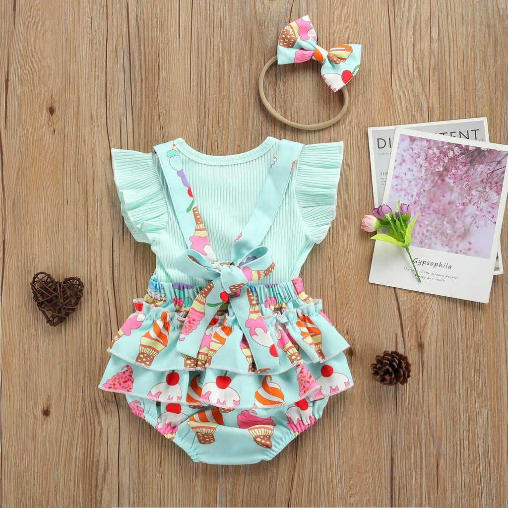 Conjunto Bebê Menina Verão Blusa de Manga Curta + Macaquinho + Laço | 0-18 Meses