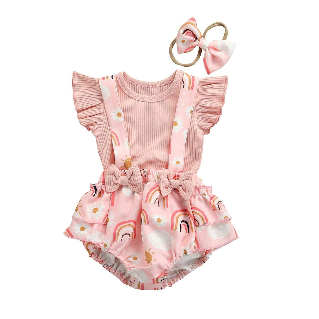 Conjunto Bebê Menina Verão Blusa de Manga Curta + Macaquinho + Laço | 0-18 Meses