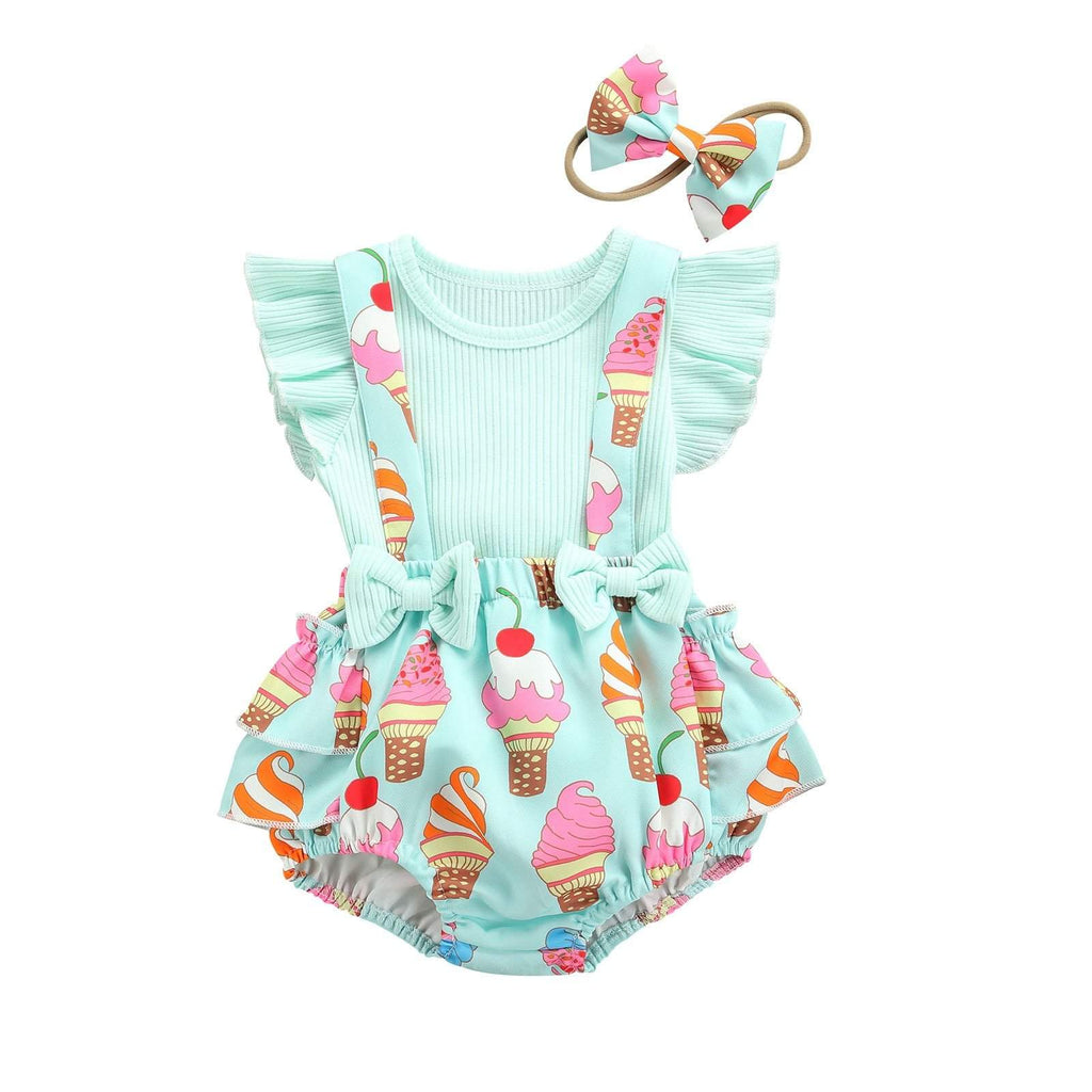Conjunto Bebê Menina Verão Blusa de Manga Curta + Macaquinho + Laço | 0-18 Meses