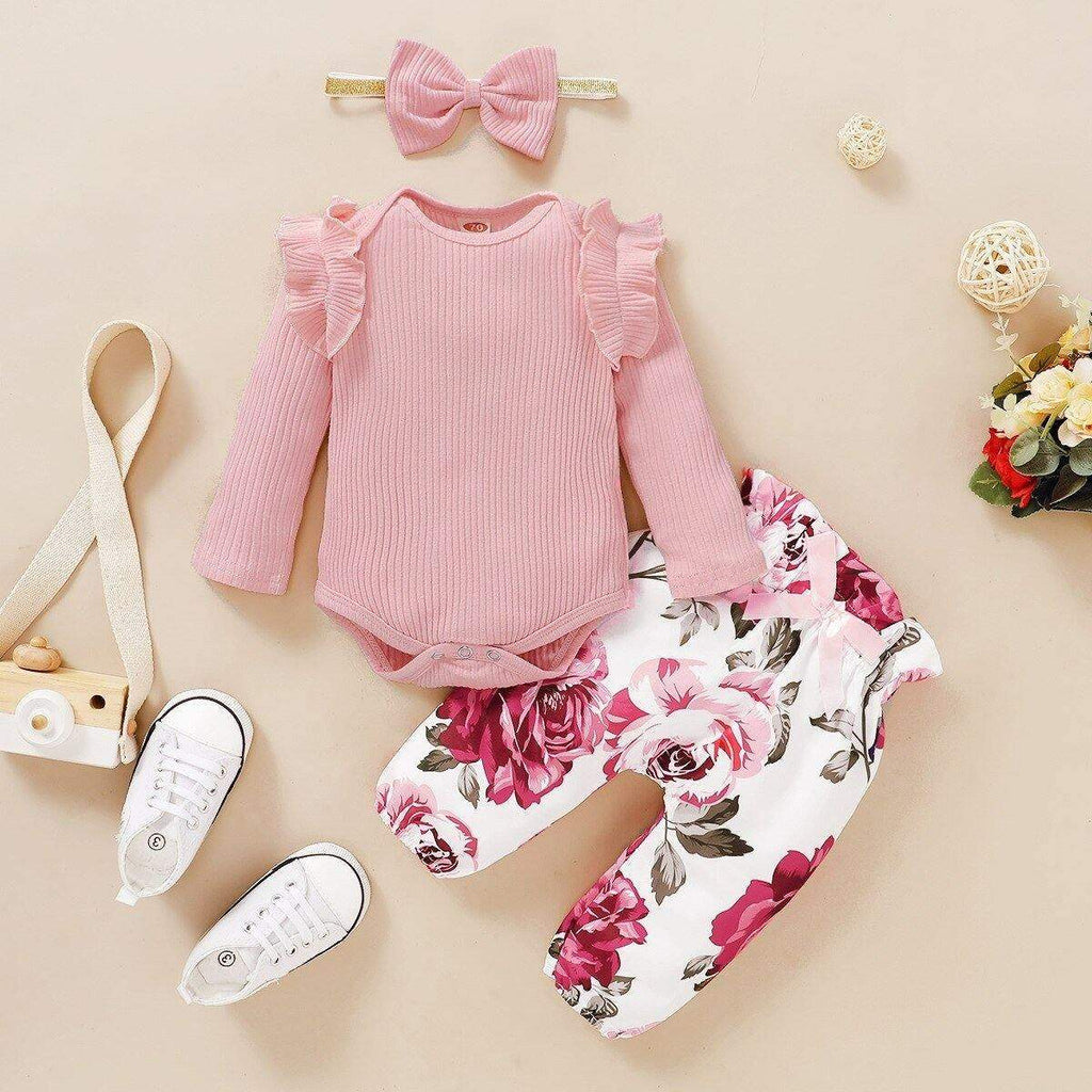 Conjunto Floral Bebê Menina Body Manga Longa + Calça + Laço | 3-24 Meses-Internacional-body de manga,body menina,conjunto bebê,conjunto bebê menina,conjunto calça,conjunto floral,conjunto menina,estampado,inverno,laço,menina,roupa bebe,roupa menina