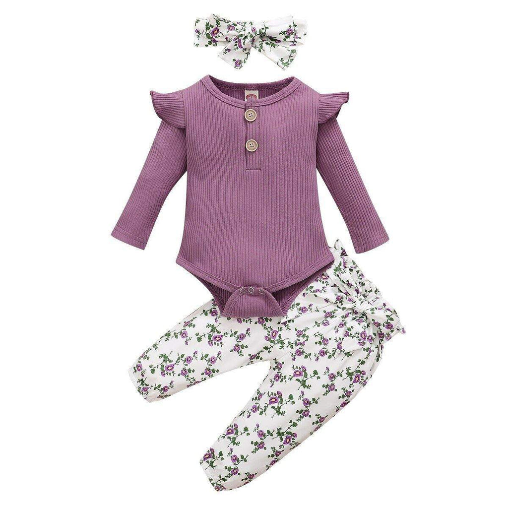 Conjunto Floral Bebê Menina Body Manga Longa + Calça + Laço | 3-24 Meses-Internacional-body de manga,body menina,conjunto bebê,conjunto bebê menina,conjunto calça,conjunto floral,conjunto menina,estampado,inverno,laço,menina,roupa bebe,roupa menina