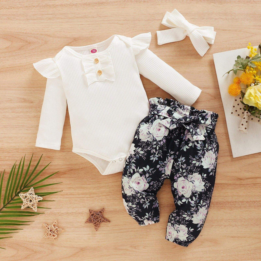 Conjunto Floral Bebê Menina Body Manga Longa + Calça + Laço | 3-24 Meses-Internacional-body de manga,body menina,conjunto bebê,conjunto bebê menina,conjunto calça,conjunto floral,conjunto menina,estampado,inverno,laço,menina,roupa bebe,roupa menina