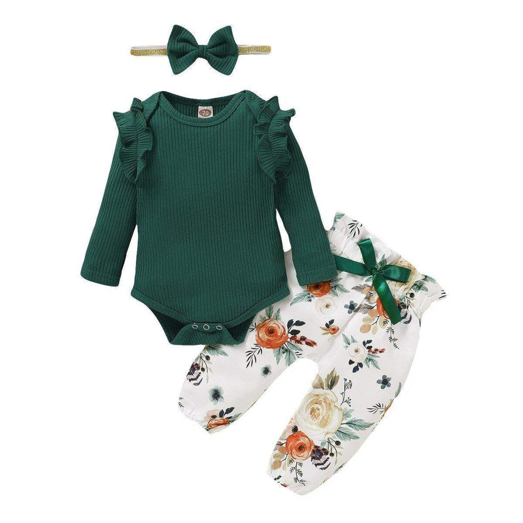 Conjunto Floral Bebê Menina Body Manga Longa + Calça + Laço | 3-24 Meses-Internacional-body de manga,body menina,conjunto bebê,conjunto bebê menina,conjunto calça,conjunto floral,conjunto menina,estampado,inverno,laço,menina,roupa bebe,roupa menina