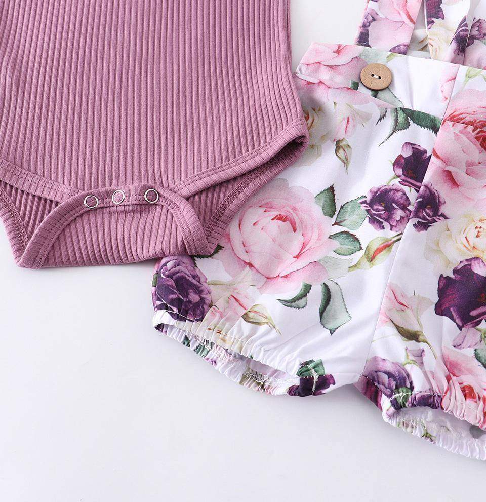Conjunto Bebê Menina Body + Jardineira + Laço Floral | 0-18 Meses-Internacional-conjunto bebê,conjunto bebê menina,conjunto floral,conjunto menina,floral,laço,listrado,macaquinho bebe,macaquinho de verão,macaquinho menina,menina,oncinha,onça,roupa bebe,roupa menina