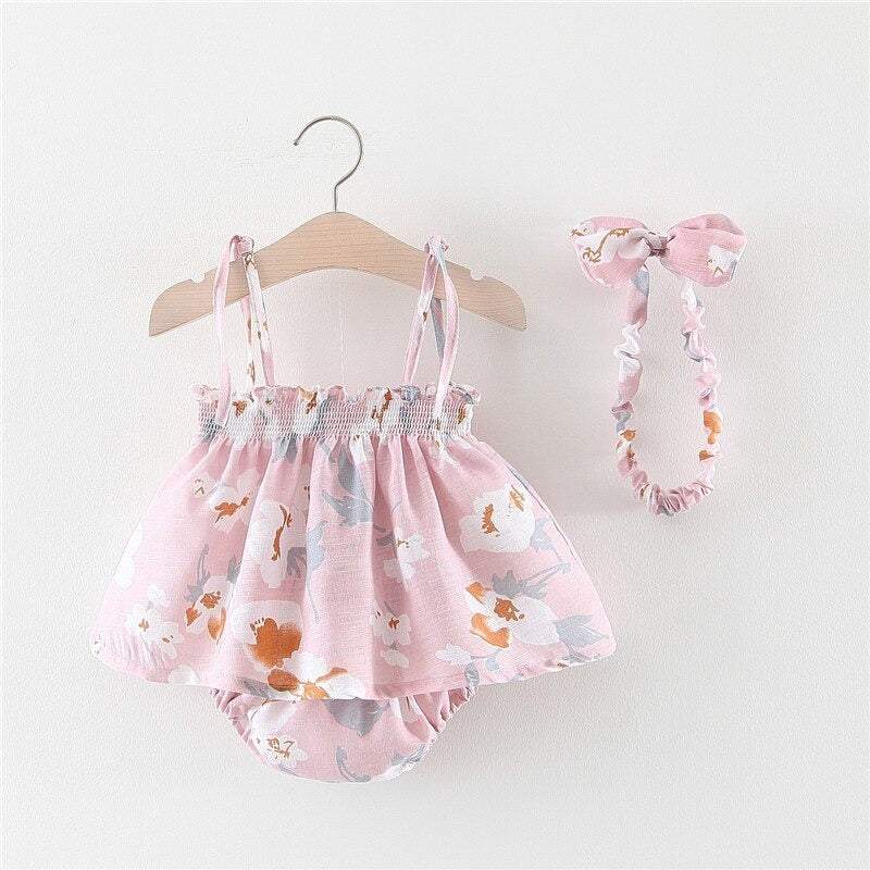 Conjunto Vestido + Tapa Fralda Floral + Laço| Bebê Menina Verão | 0-18M-azul,conjunto,conjunto menina,estampado,laço,menina,rosa,roupa menina,vestido