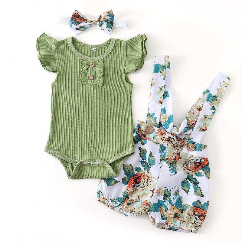 Conjunto Bebê Menina Body + Jardineira + Laço Floral | 0-18 Meses-Internacional-conjunto bebê,conjunto bebê menina,conjunto floral,conjunto menina,floral,laço,listrado,macaquinho bebe,macaquinho de verão,macaquinho menina,menina,oncinha,onça,roupa bebe,roupa menina