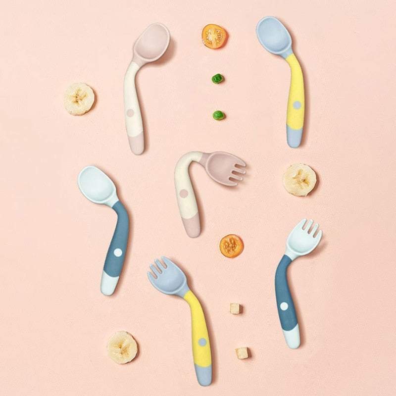 Garfo e Colher de Silicone Articulados p/Bebê Começar a Comer | 7-36 Meses-colher,comer,garfo,papa,silicone