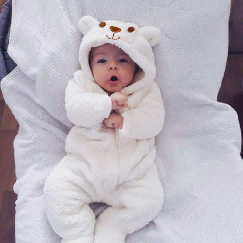 Macacão de Bebê de Plush Ursinho branco Orelhinhas Zíper c/ Pé inverno engraçado