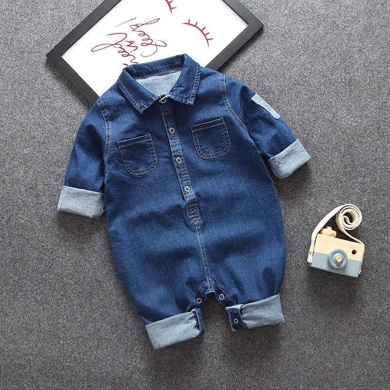Macacão Jeans Bebê Menino Manga Longa |  6-24 M-azul,denim,jeans,macacão,macacão bebê,macacão manga longa,menino