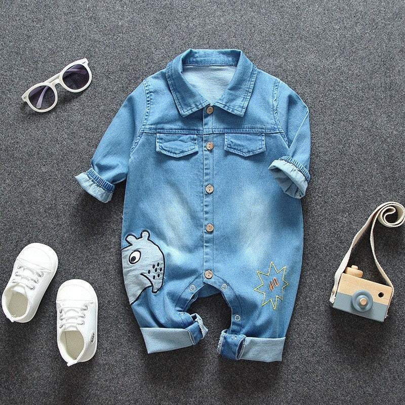 Macacão Jeans Bebê Menino Manga Longa |  6-24 M-azul,denim,jeans,macacão,macacão bebê,macacão manga longa,menino