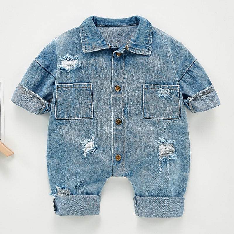 Macacão Jeans Bebê Menino de Manga | 3 Meses - 3 Anos-algodão,jeans,jeans bebe,macacão jeans,menino