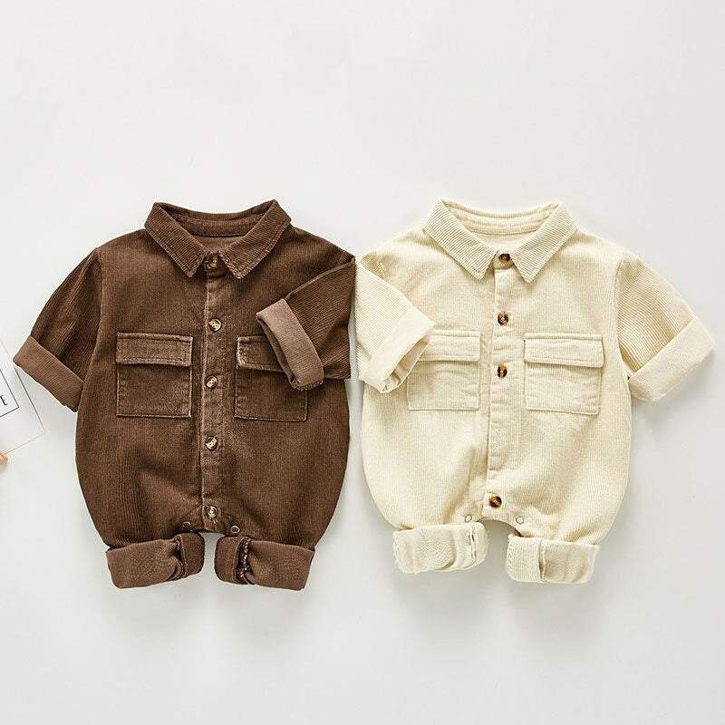 Macacão Veludo Cotelê Manga Longa Bebê Menino / Menina | 3 Meses - 3 Anos-creme,inverno,macacão,macacão de bebê,macacão de menino,marrom,menina,menino,veludo
