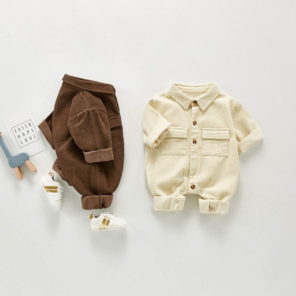 Macacão Veludo Cotelê Manga Longa Bebê Menino / Menina | 3 Meses - 3 Anos-creme,inverno,macacão,macacão de bebê,macacão de menino,marrom,menina,menino,veludo