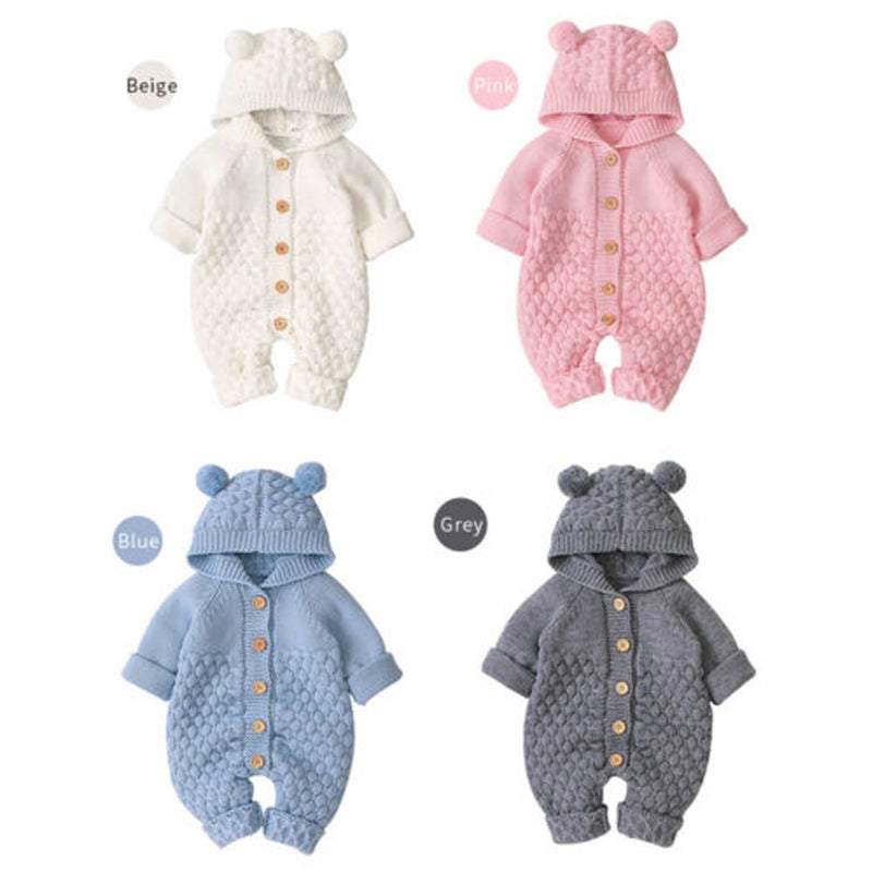 Macacão Tricô com Capuz Orelhinhas Bebê Menino Menina | 0-24 Meses-macacão de bebê de inverno,macacão de bebê tricot,macacão de bebê tricô,macacão de bebê tricô AZUL,macacão de bebê tricô branco,macacão de bebê tricô cinza,macacão de bebê tricô rosa,macacão de bebê tricô unisex,macacão tricotado de bebê,macacão tricô,menina,menino