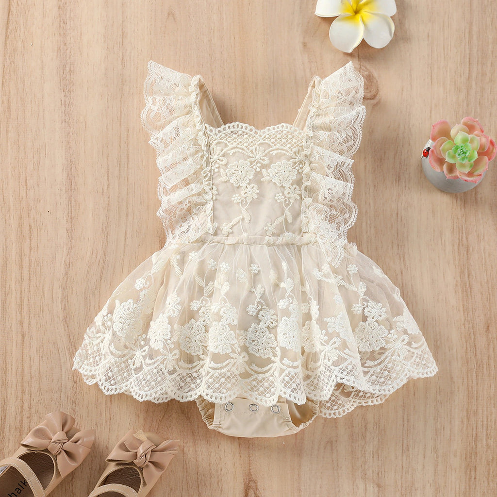 Macaquinho-vestido de Renda Bordado Creme Bebê Menina