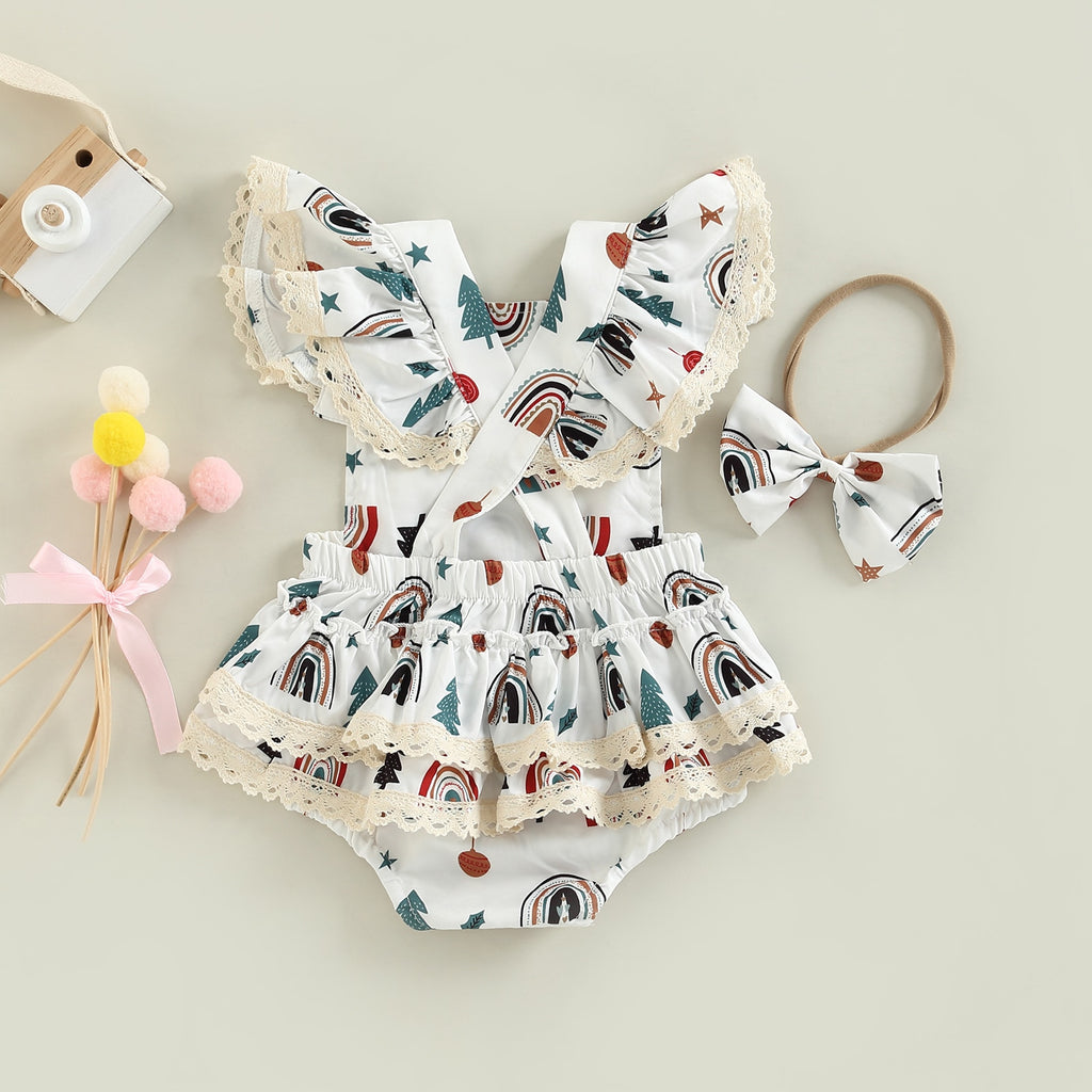 Macaquinho Estampado Natalino c/Babados + Laço Bebê Menina
