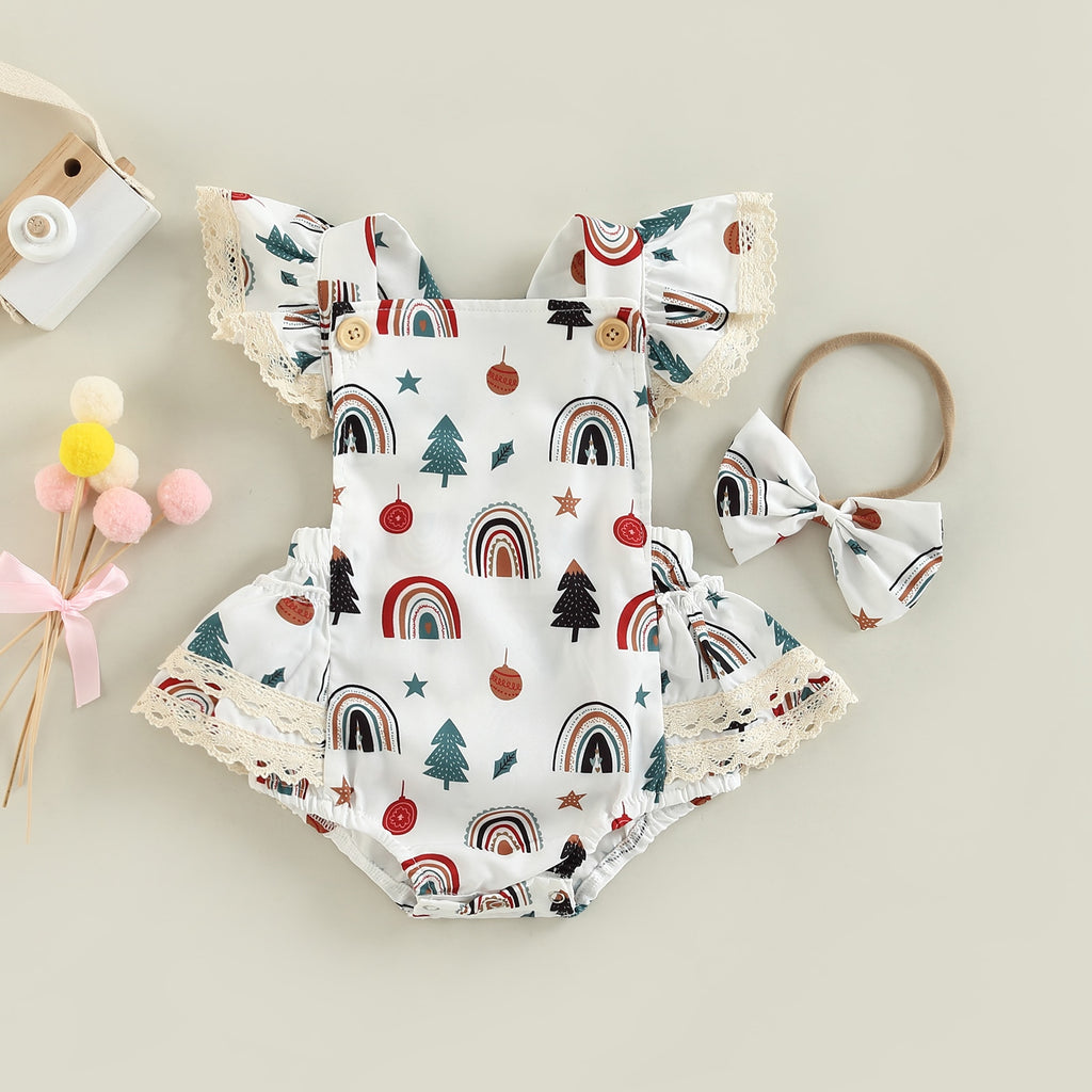 Macaquinho Estampado Natalino c/Babados + Laço Bebê Menina