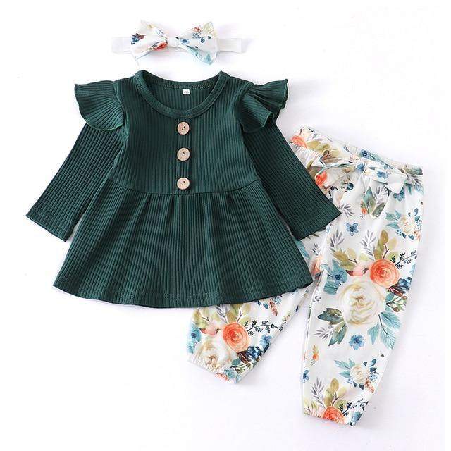 Conjunto Blusa Manga + Calça Floral +Laço Bebê Menina | 1-24 Meses-Internacional-bebe menina,conjunto,conjunto body calça,conjunto de inverno,menina