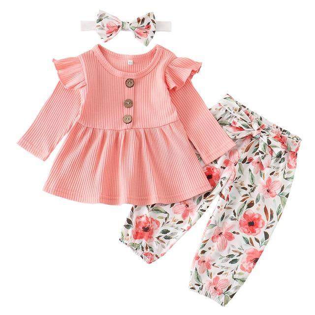 Conjunto Blusa Manga + Calça Floral +Laço Bebê Menina | 1-24 Meses-Internacional-bebe menina,conjunto,conjunto body calça,conjunto de inverno,menina