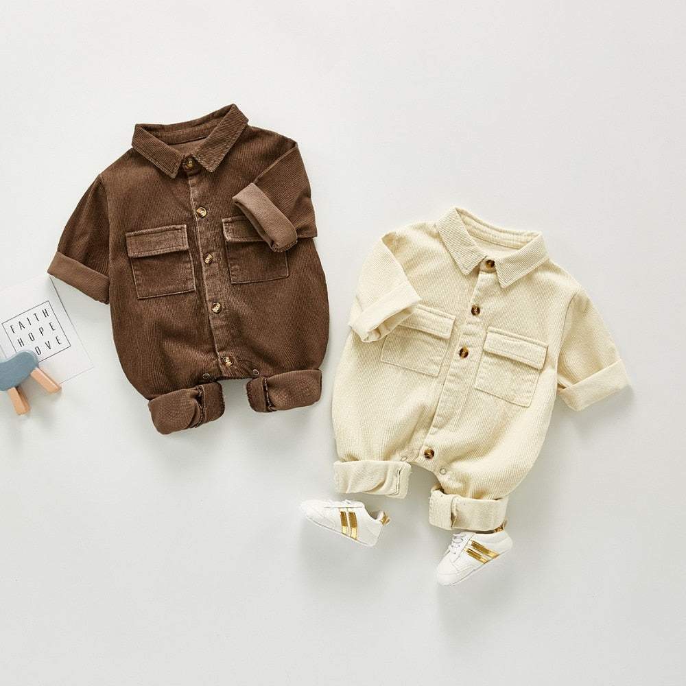 Macacão Veludo Cotelê Manga Longa Bebê Menino / Menina | 3 Meses - 3 Anos-creme,inverno,macacão,macacão de bebê,macacão de menino,marrom,menina,menino,veludo
