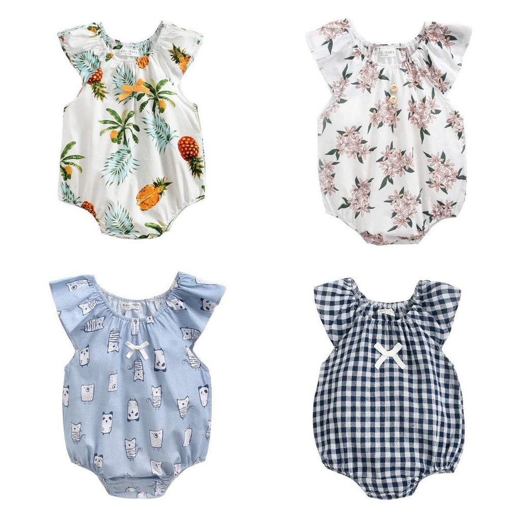 Macaquinho Estampado Verão para Bebê Menina - Algodão | 0-3 Anos-abacaxi,azul,branco,estampado,flores,gatinhos,macaquinho menina,menina,verão,xadrez