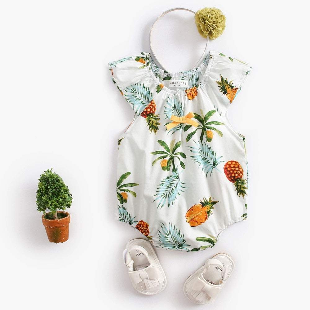Macaquinho Estampado Verão para Bebê Menina - Algodão | 0-3 Anos-abacaxi,azul,branco,estampado,flores,gatinhos,macaquinho menina,menina,verão,xadrez