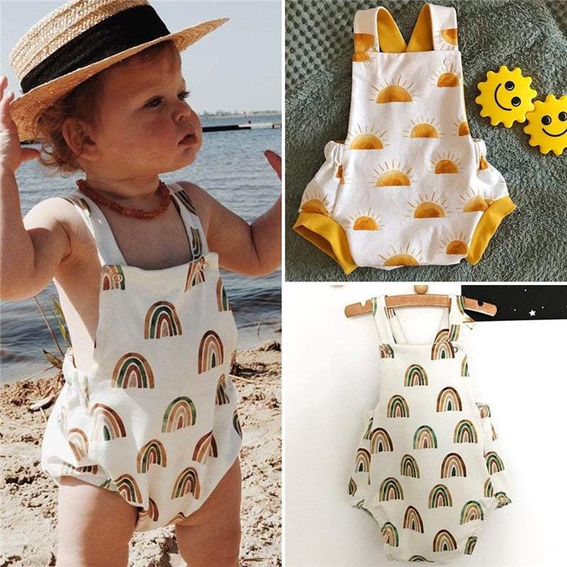 Macaquinho de Verão Estampado Branco Bebê Menina/ Menino | 0-24 Meses-alaranjado,amarelo,arco-íris,branco,estampado,macaquinho,macaquinho branco,macaquinho estampado,menina,menino,sol,unisex,verão