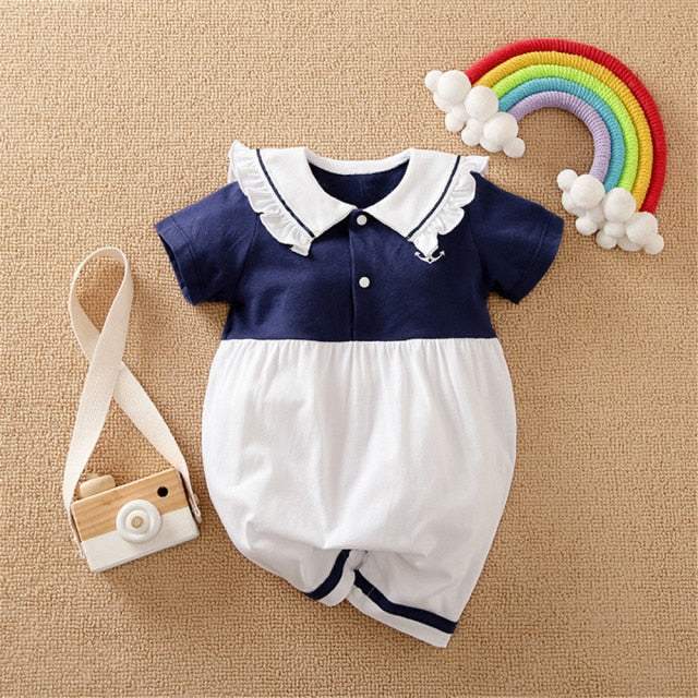 Macacão Estampado de Manga Curta Bebê Menina/ Unissex | 0 - 18 Meses-azul,branco,macacão de verão,macacão estampado,macacão menina,macacão recém-nascido,marinheiro,menina,rosa,verde