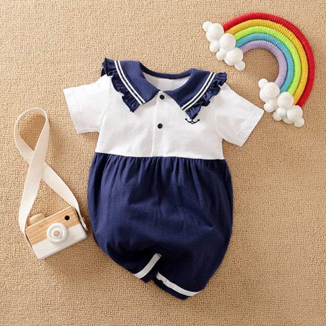 Macacão Estampado de Manga Curta Bebê Menina/ Unissex | 0 - 18 Meses-azul,branco,macacão de verão,macacão estampado,macacão menina,macacão recém-nascido,marinheiro,menina,rosa,verde