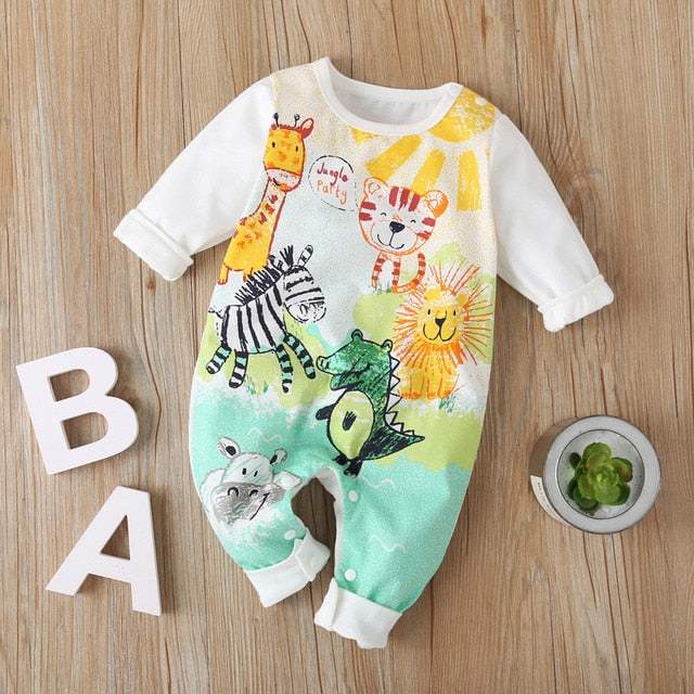 Macacão Longo Safari Baby Menino | 0 - 12 Meses-branco,girafa,jacaré,leão,macacão menina,macacão menino,macacão recém-nascido,macacão recém-nascido divertido,macacão recém-nascido estampado,macacão safari,verde,zebra