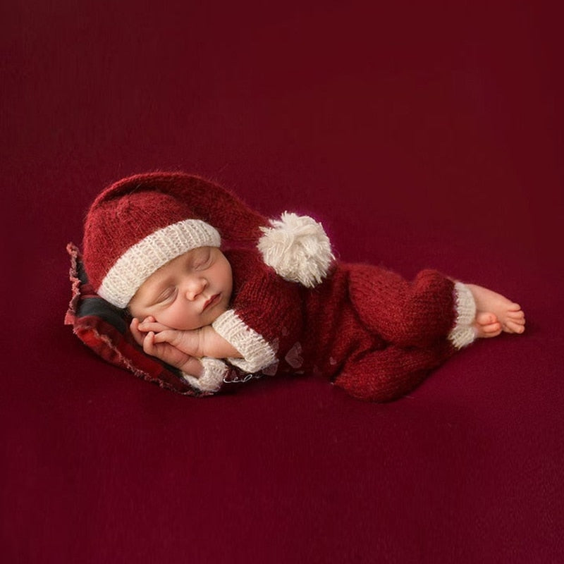 roupinha de ensaio de natal newborn recém nascido de lã macacão gorro touca chapéu bebê menino menina papai mamãe noel fotos