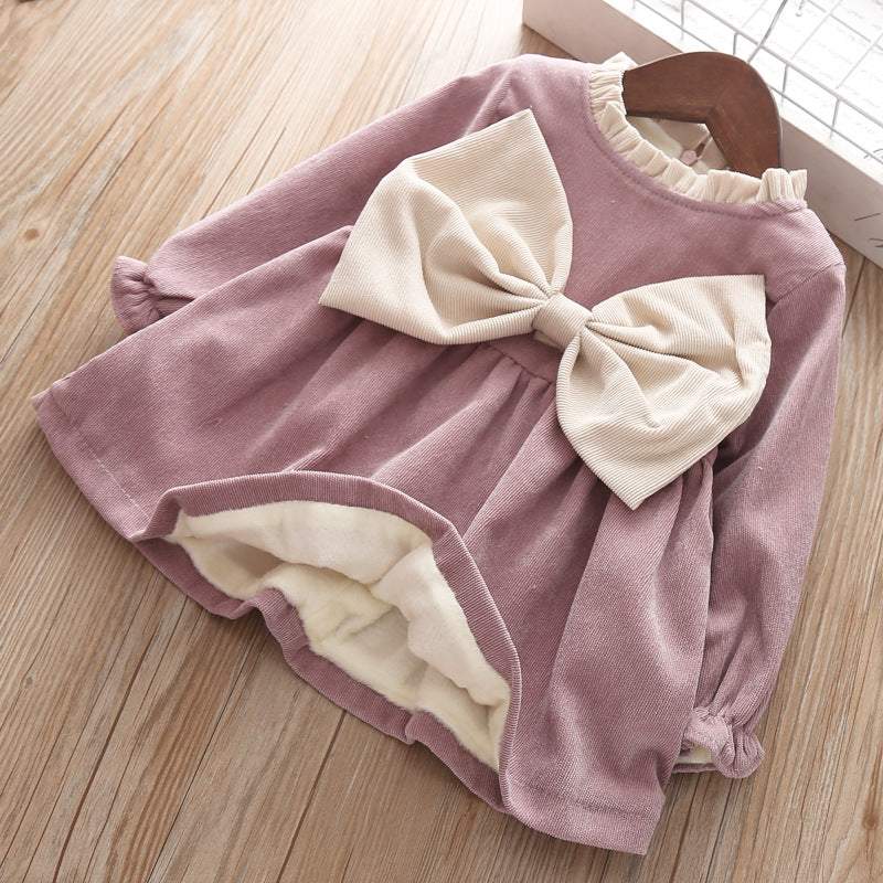 Vestido de Veludo Forro de Plush c/Laço Bebê Menina-vestido de festa de inverno para bebê,vestido de pelúcia bebê,vestido quentinho bebê