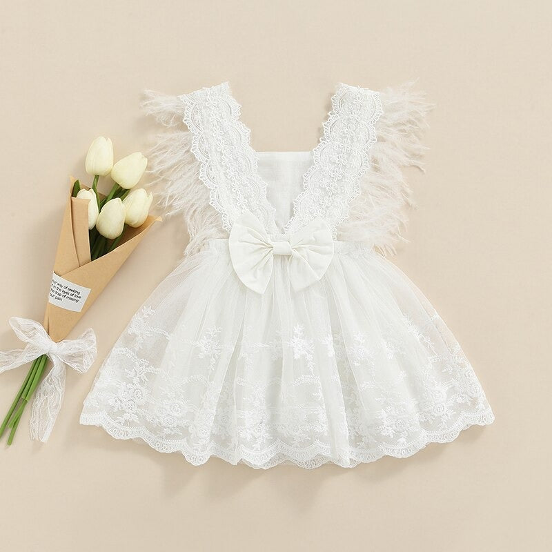 Vestido de Batizado Rendas e Plumas Bebê Menina, 6 Meses, 12 Meses, 18 Meses, 24 Meses