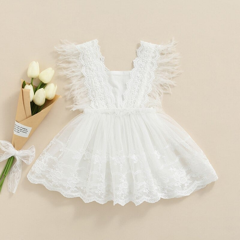 Vestido de Batizado Rendas e Plumas Bebê Menina, 6 Meses, 12 Meses, 18 Meses, 24 Meses