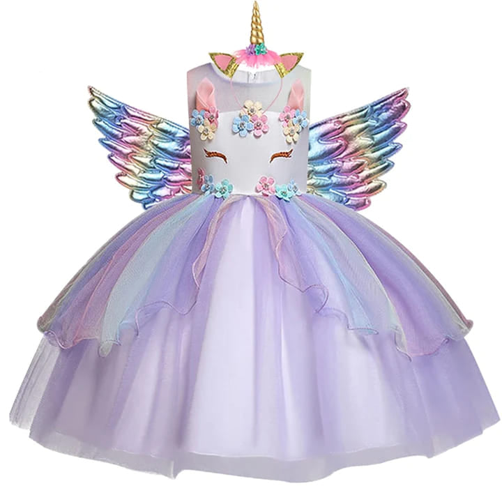 Vestido festa infantil princesa unicórnio e arco-íris