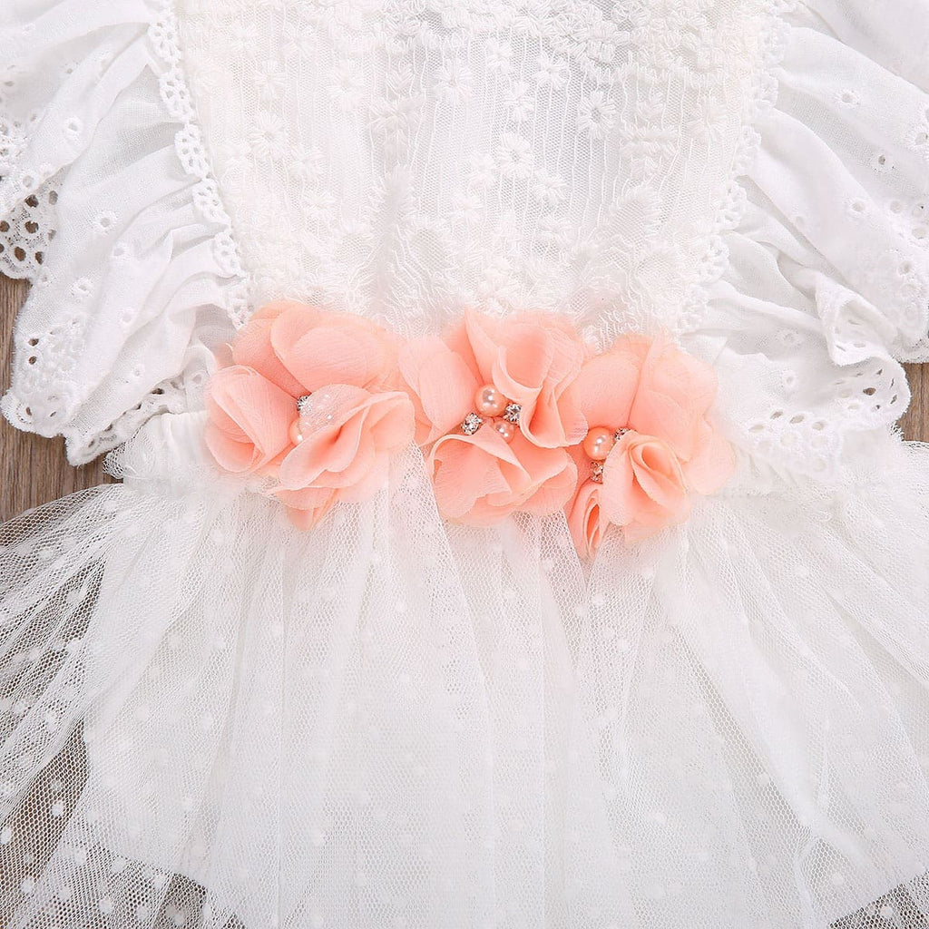 Vestido de Renda Branco Saia Transparente Tule + Laço Bebê Menina 0 3 6 9 12 18 24 meses babado botão abotoadura transparente fofo chique festa passeio evento batizado casamento aniversário ano novo natal bordado laço lacinho verão fresco fresquinho leve roupa criança infantil rosa
