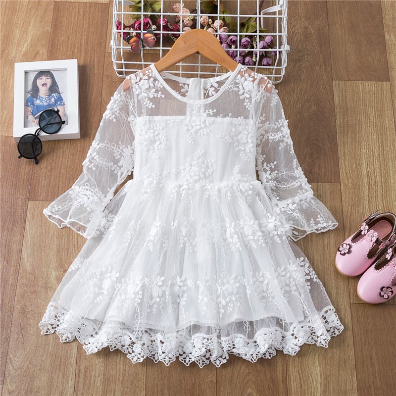 Vestido de Renda Manga Transparente Menina Batizado 2-8 Anos