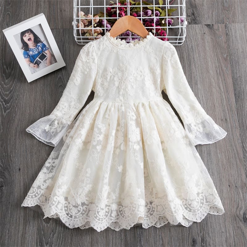 Vestido de Renda Manga Transparente Menina Batizado 2-8 Anos