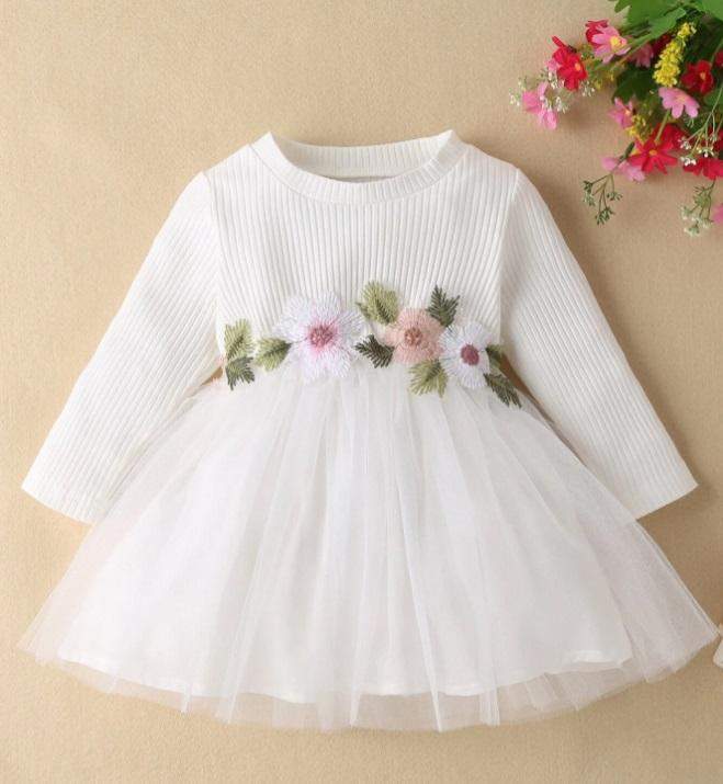 Vestido de Festa Bordado Manga Longa Bebê Menina