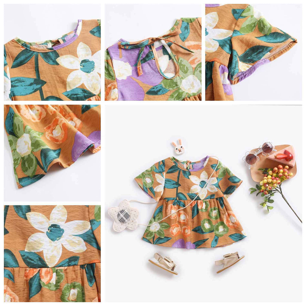 vestidos florais de verão manga curta bebê menina 6 9 12 18 24 meses 2 3 4 Anos floral estampado amarração fofo passeio fresco fresquinho leve roupa criança infantil laranja