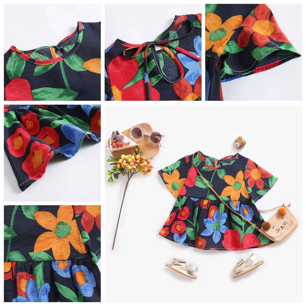 vestidos florais de verão manga curta bebê menina 6 9 12 18 24 meses 2 3 4 Anos floral estampado amarração fofo passeio fresco fresquinho leve roupa criança infantil preto